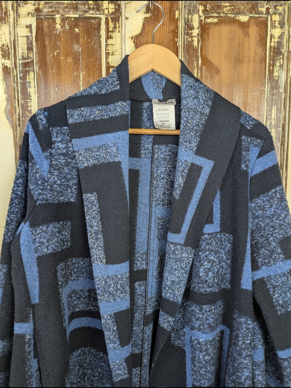 Vintage ZOE Abstract Knit Cardigan Medium Blue Made In Canada Lagenlook Artsy - Picture 3 of 9